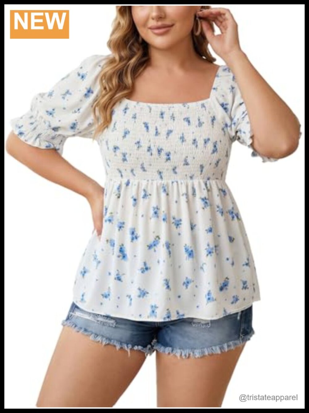 Plus Size Boho Floral Peplum Babydoll Peasant Blouse Puff Sleeve Square Neck